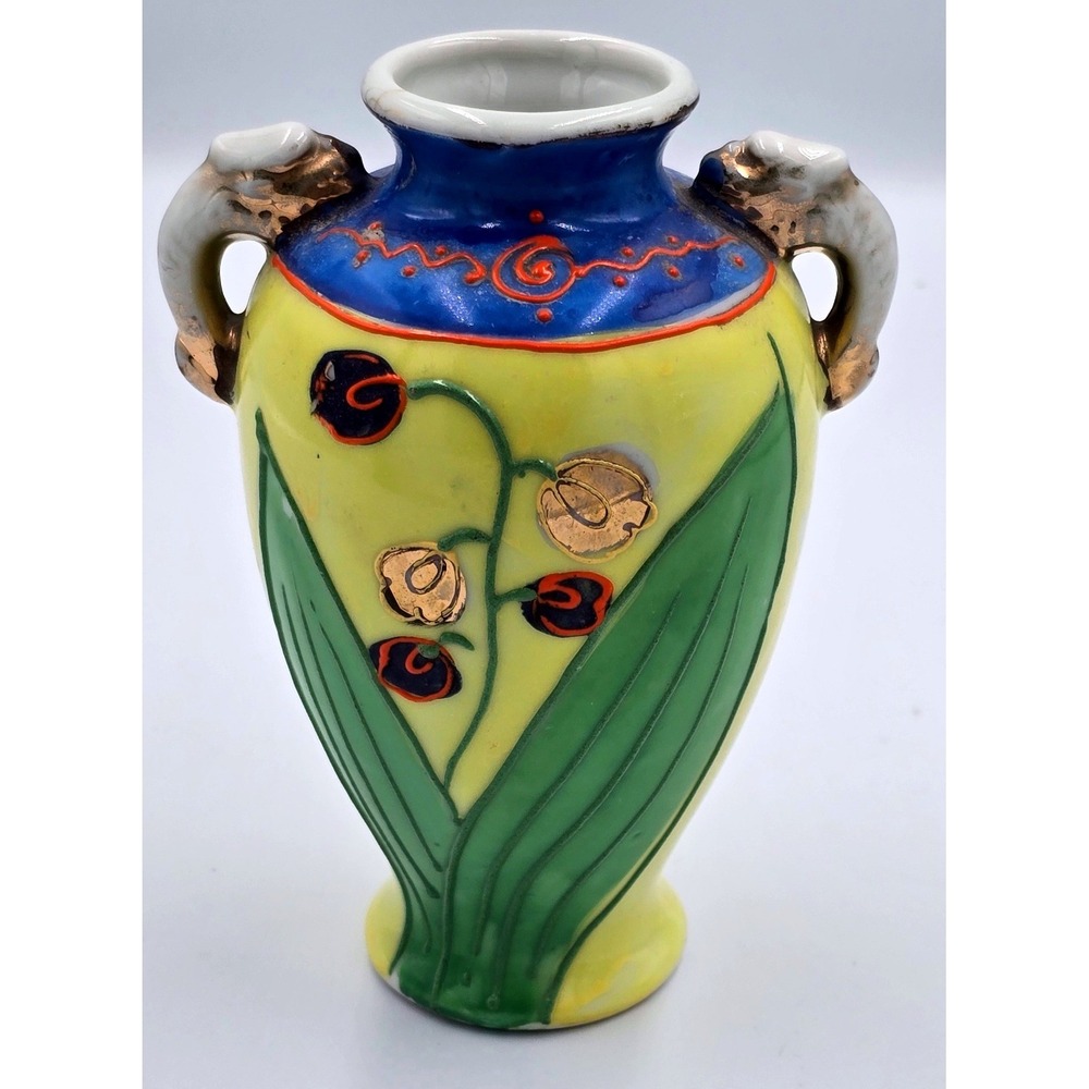 Vintage Japanese Sakuraware Moriage Floral Yellow Porcelain Green Leaf Mini Vase